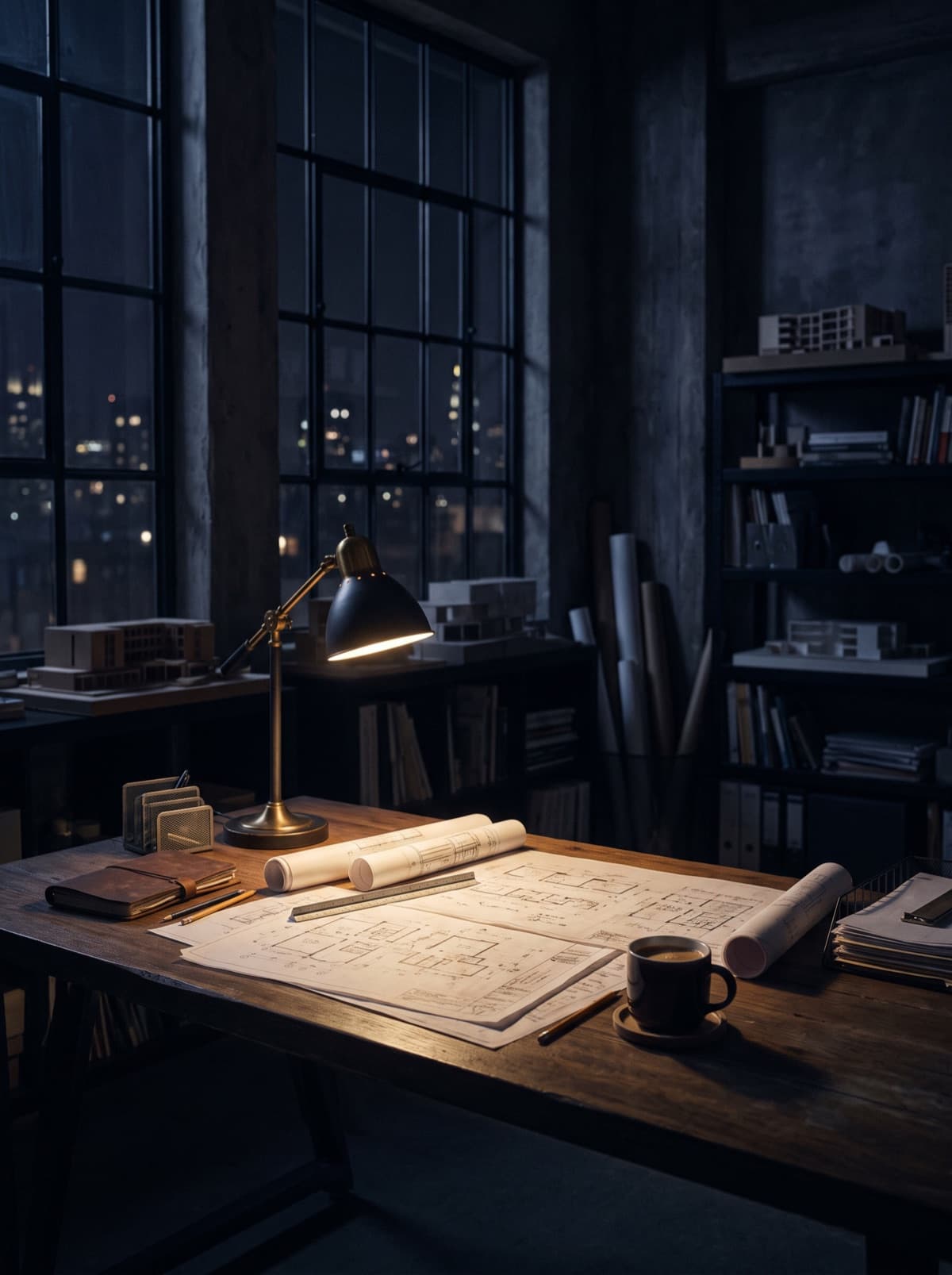 A founder's desk at night under one warm task lamp