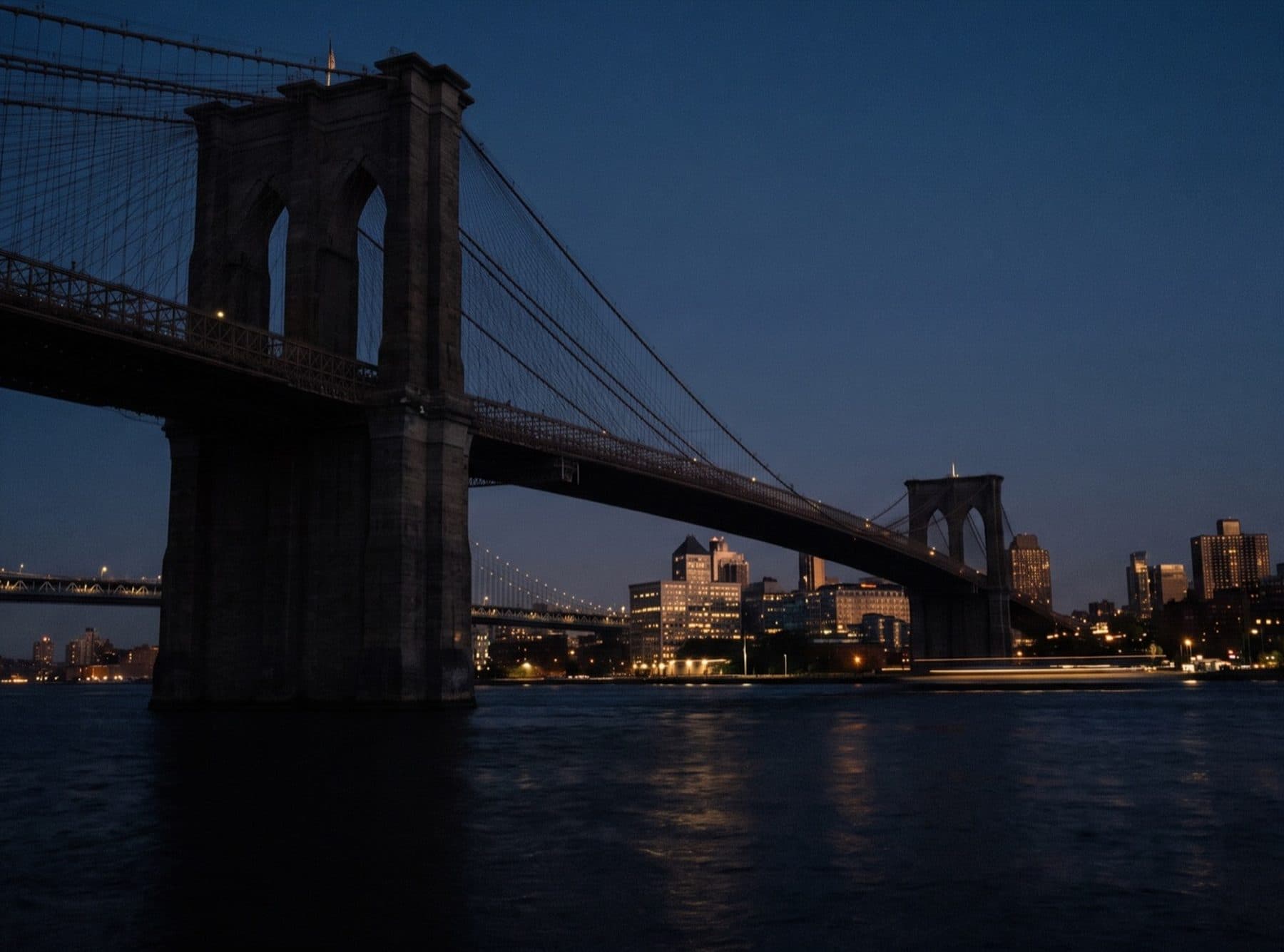 Brooklyn Bridge at dusk with the lights of Lower Manhattan beyond