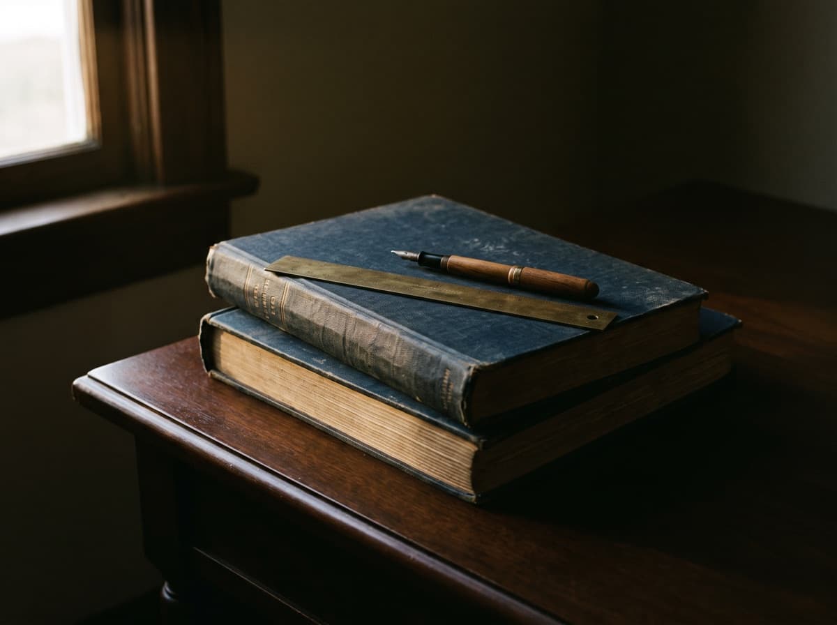 Cloth-bound ledgers with a brass ruler and ink pen