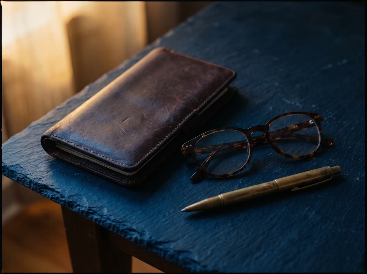 A leather travel document wallet beside reading glasses and a brass pen