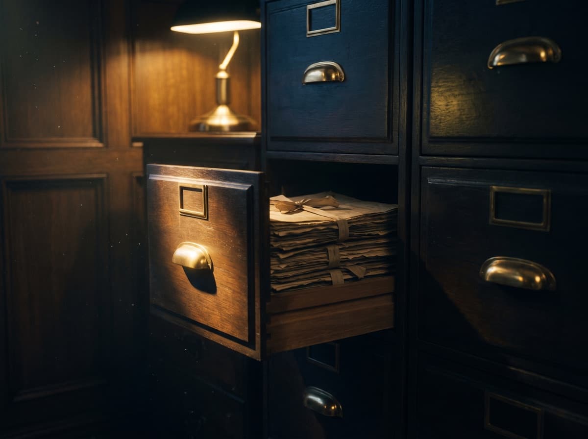 Archival wooden drawers with ribbon-tied document bundles