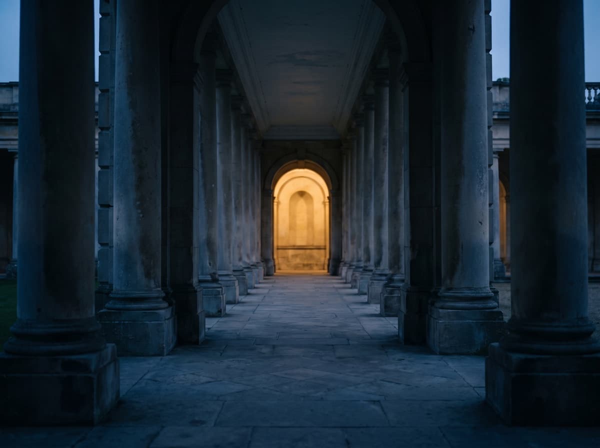 A stone colonnade receding toward warm golden light