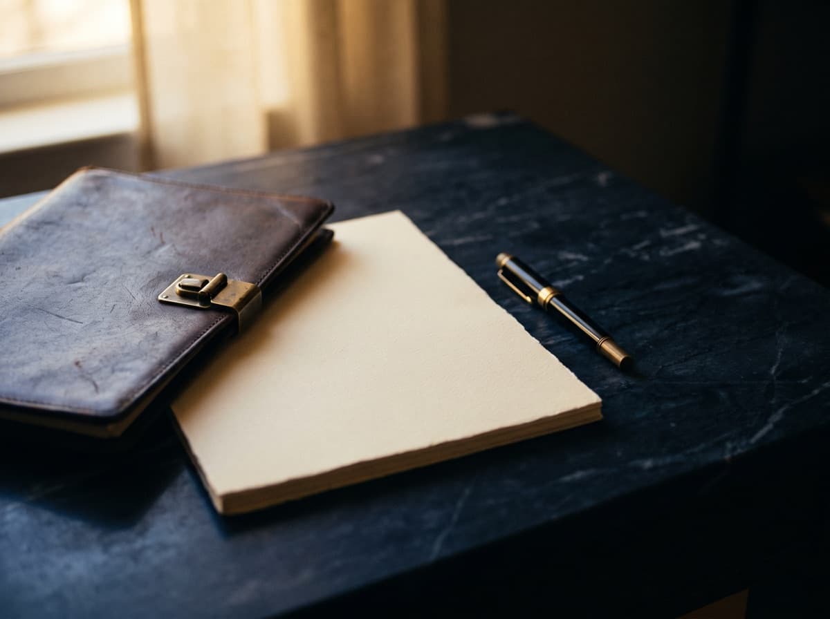 A leather folio and fountain pen on a marble desk in warm light