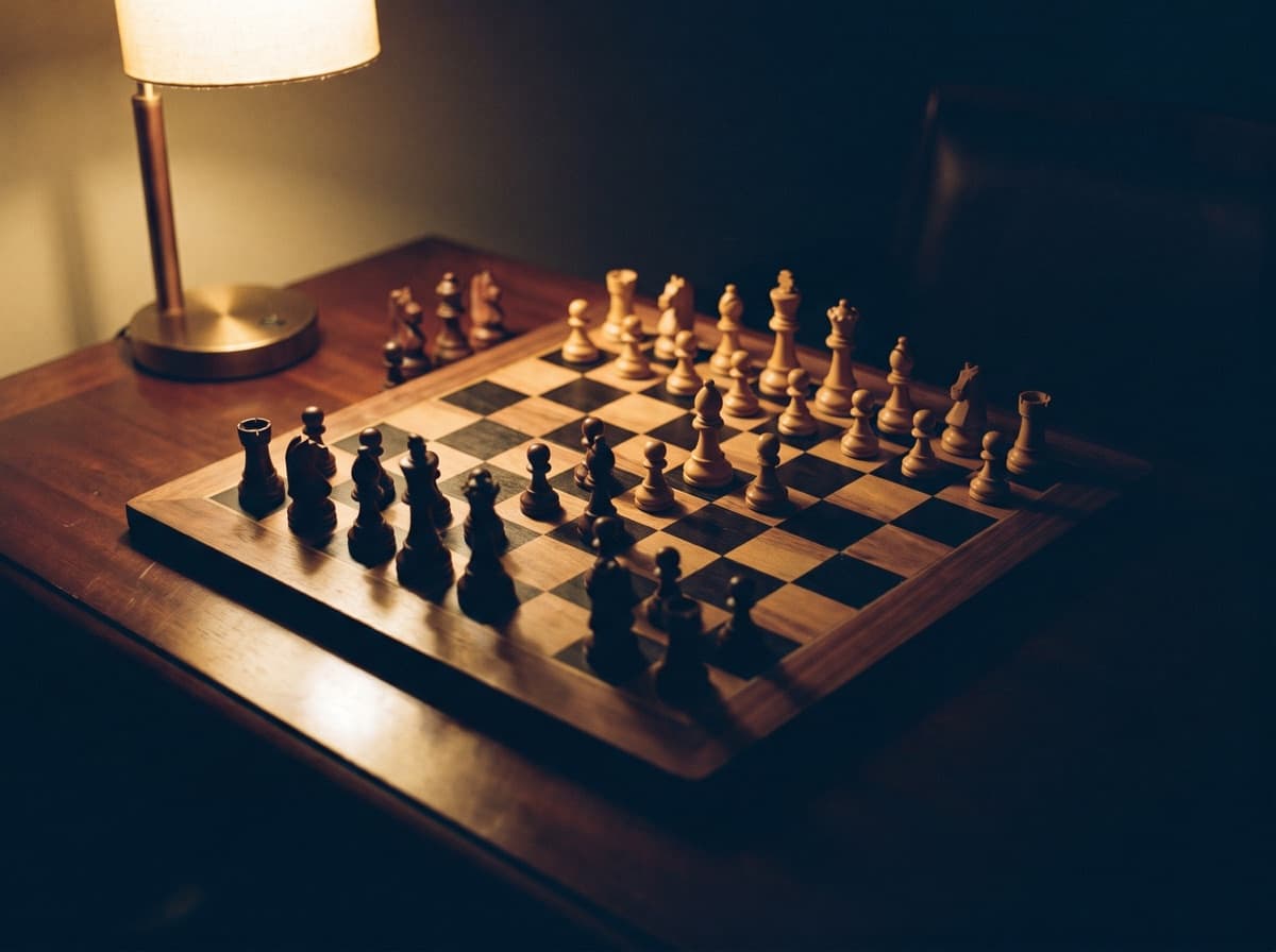 A walnut chess board mid-game in low warm light